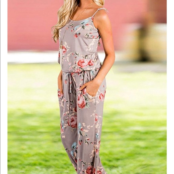 🏆Taupe Floral Wide Leg Jumpsuit - Picture 2 of 6